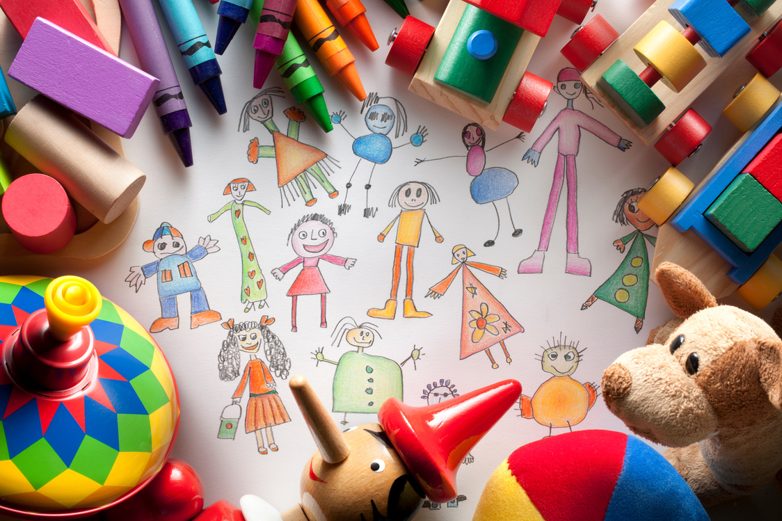 Child's drawing of children with toys